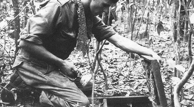 A soldier is kneeling over an open trapdoor on the jungle floor while holding a torch. An Australian sapper inspects a Viet Cong tunnel discovered during Operation Crimp, South Vietnam 1966